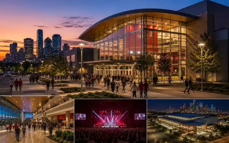 Modern concert venue interior at Smart Financial Centre in Houston area with a large illuminated stage, seated audience, premium balcony seating, dramatic performance lighting, and an upscale entertainment atmosphere during a live event.